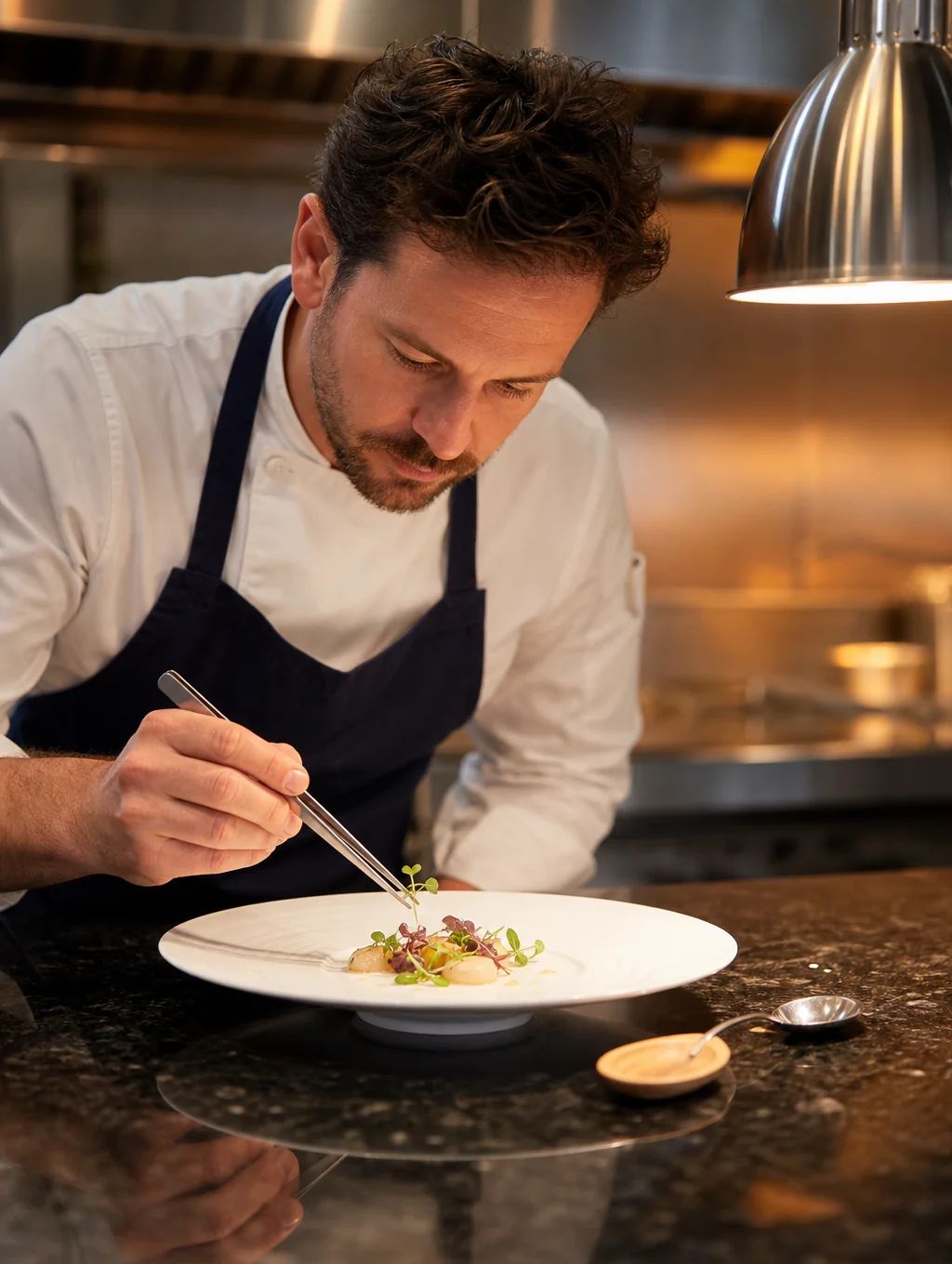 Chef de Cuisine Luca Moretti finishing dish presentation
