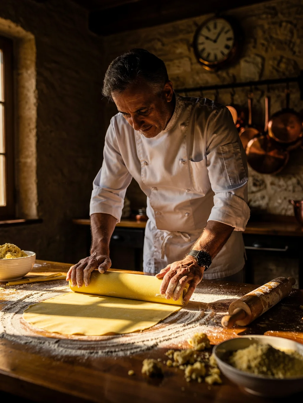 Chef preparing fresh pasta in an open kitchen