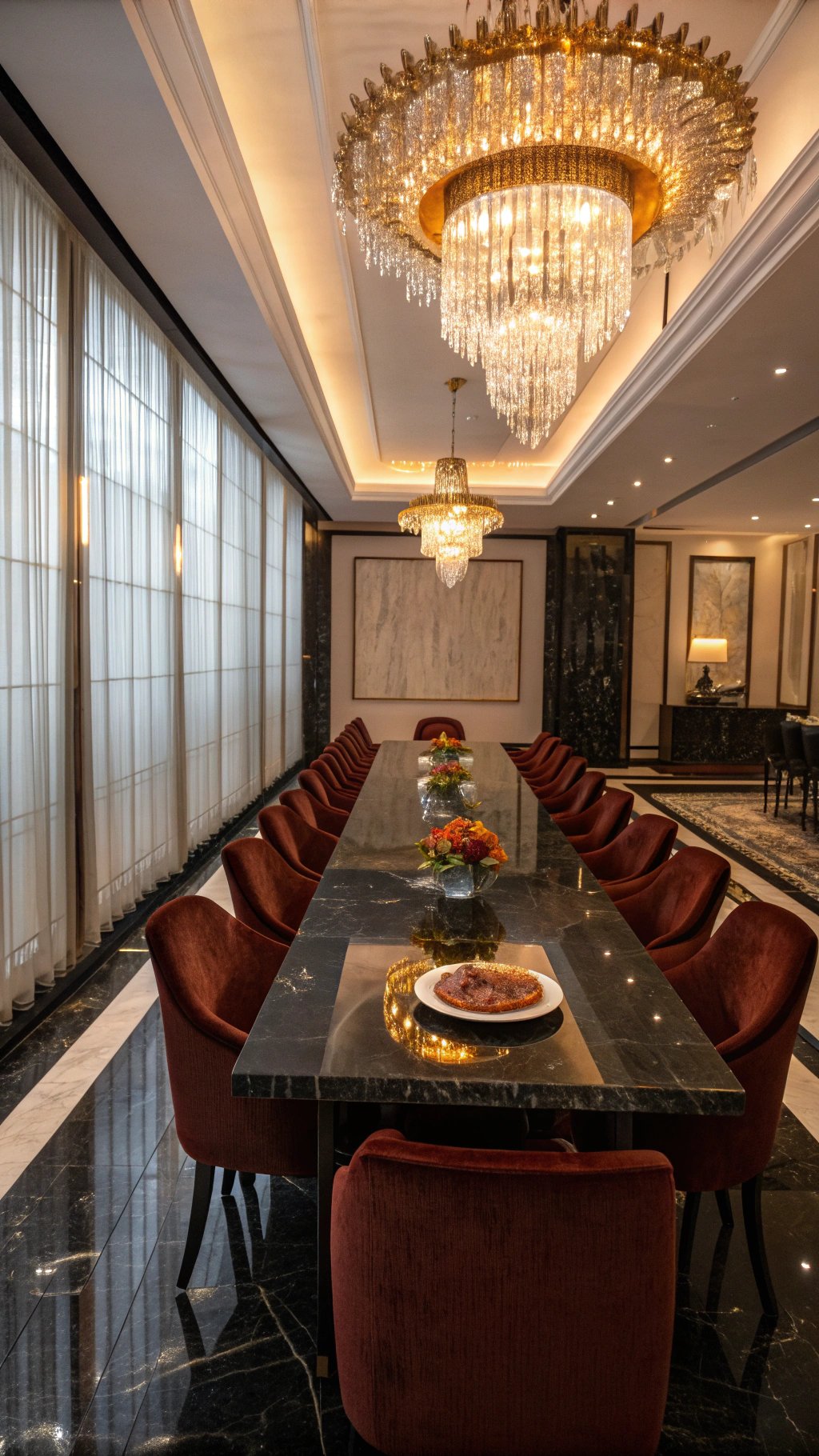 Elegant dining room with warm lighting and stone textures