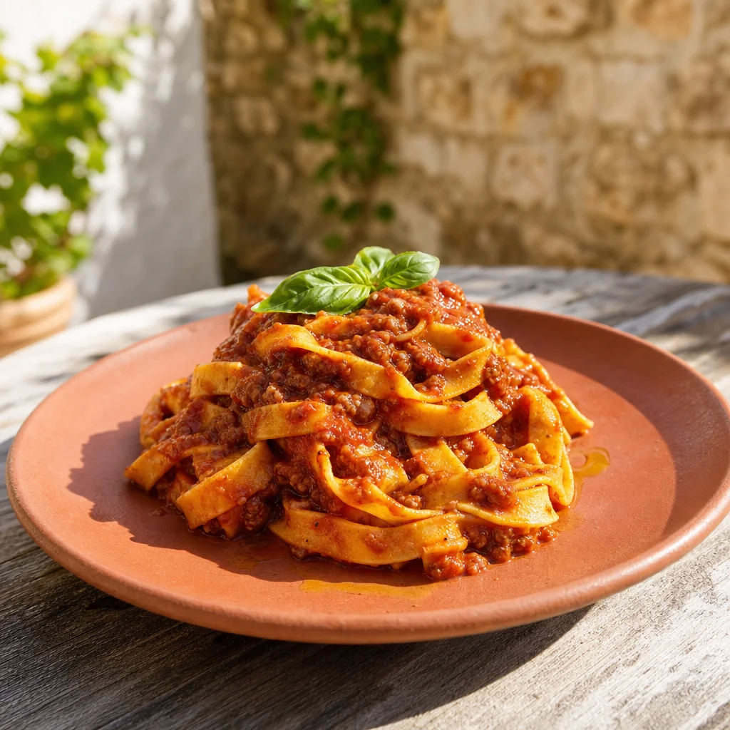 Freshly plated handmade pasta with rich sauce
