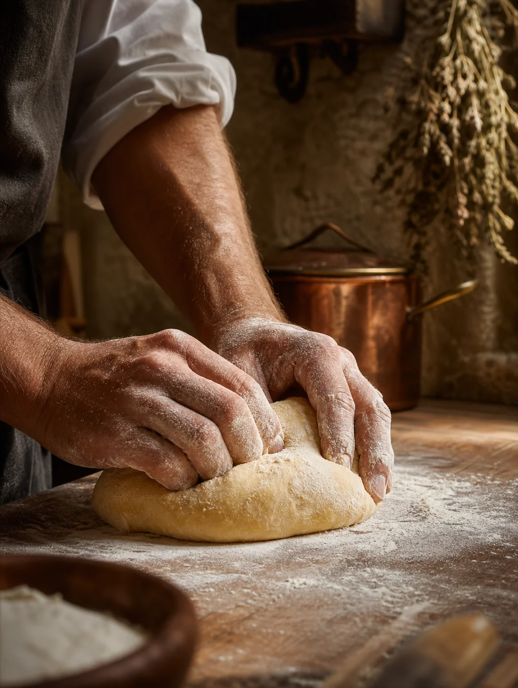 Chef preparing fresh pasta in a warm, candlelit Italian kitchen