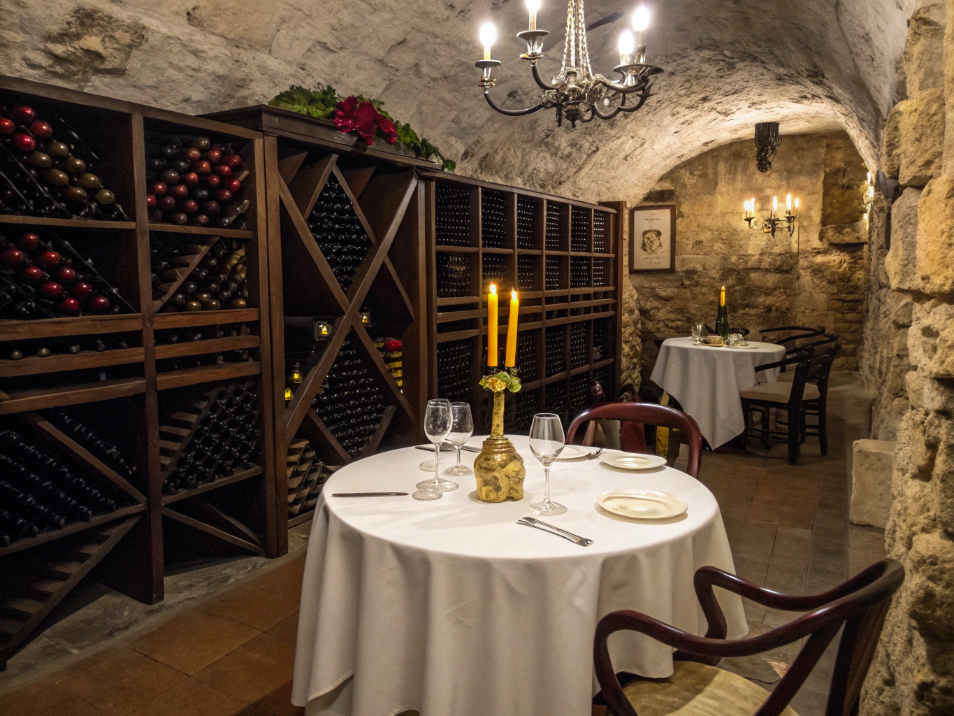 Private dining alcove inside a stone wine cellar